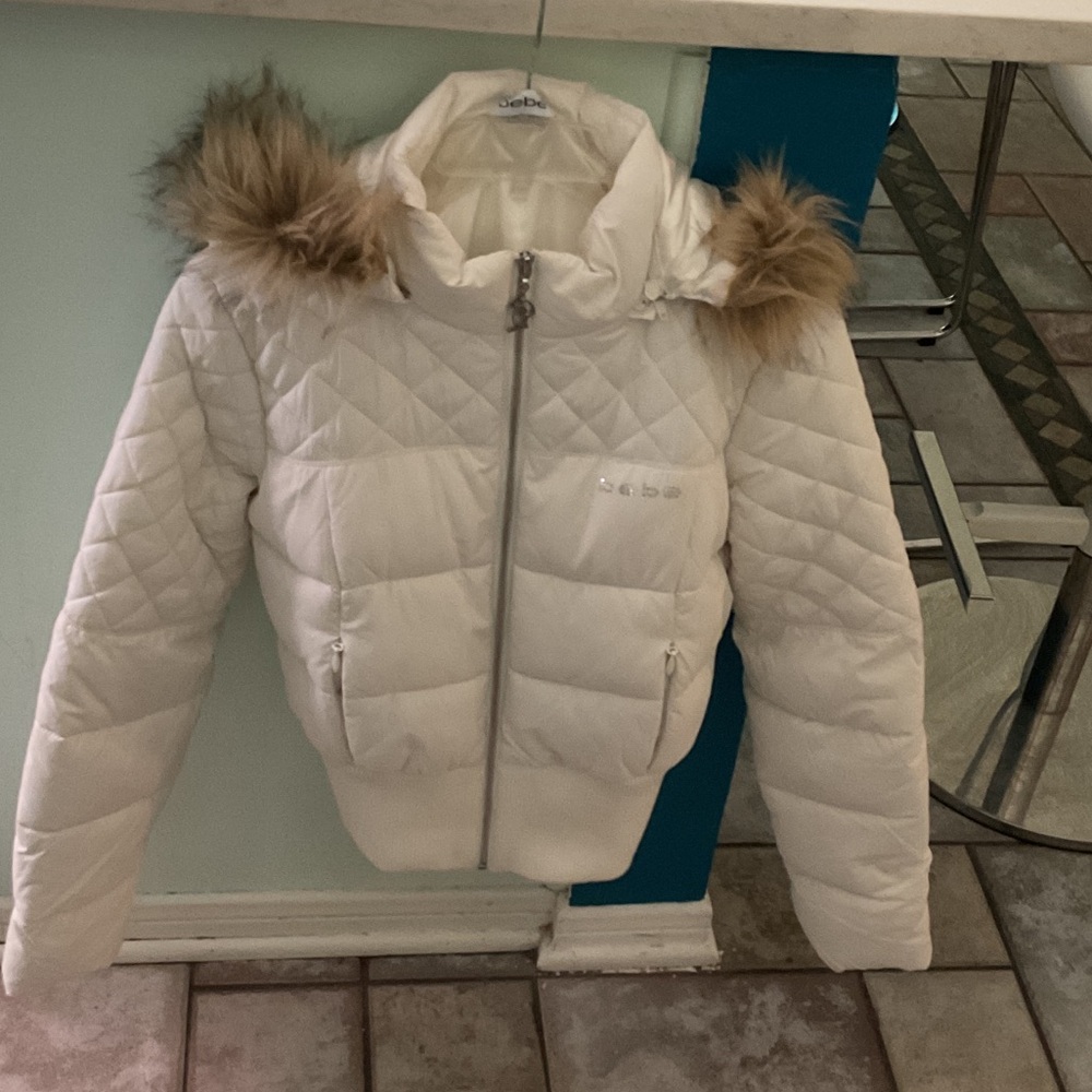 bebe Cream Quilted Puffer Jacket with Faux Fur Hood